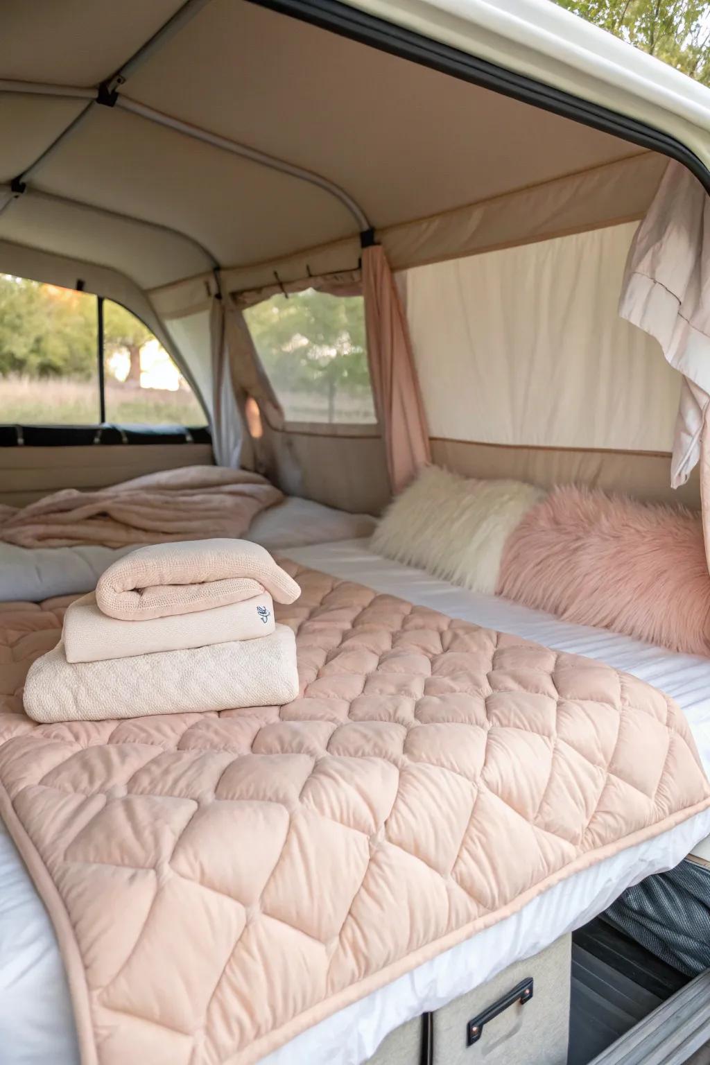 Layered bedding transforms the camper's sleeping area into a comfortable sanctuary.