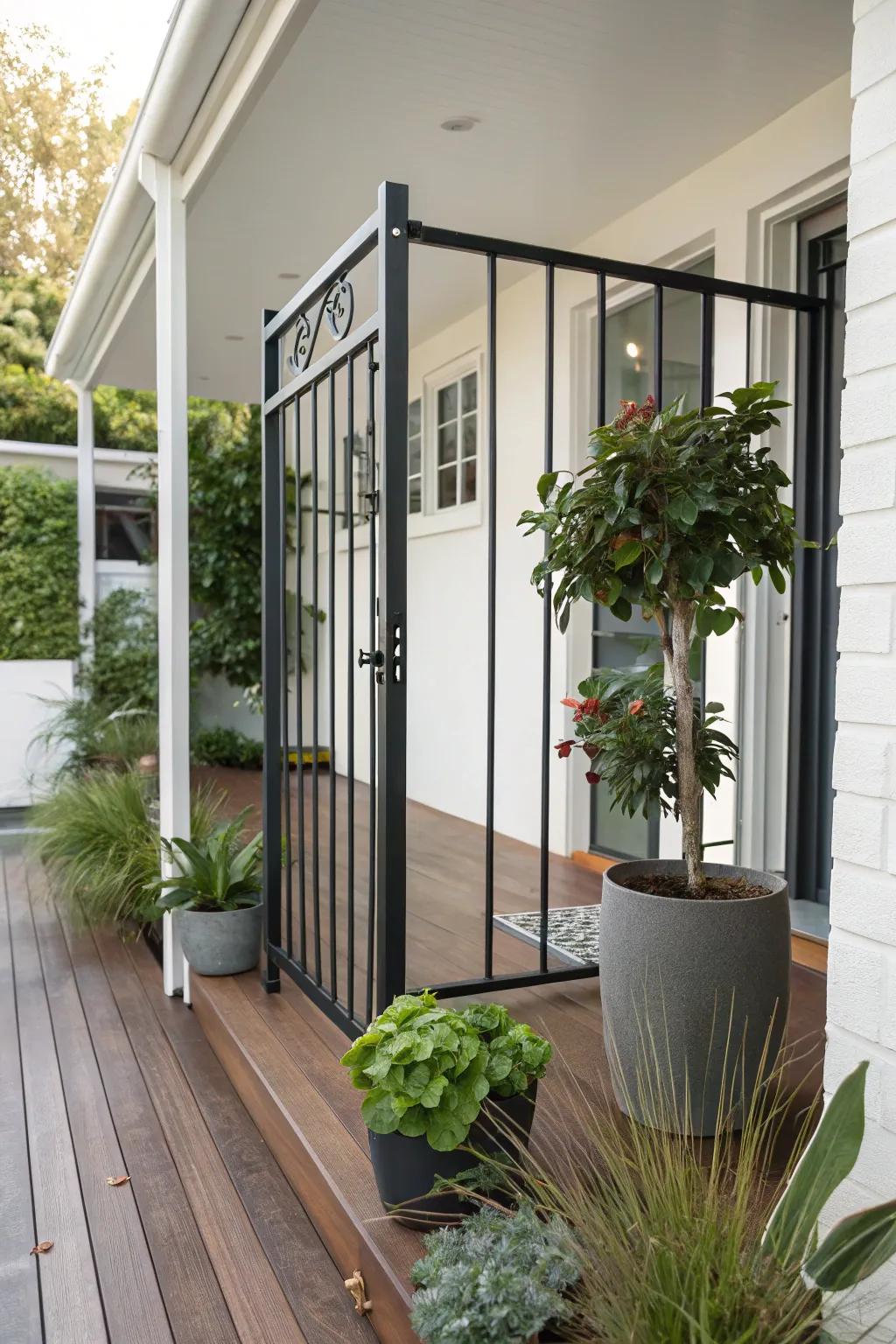 An elegant metallic entrance complements a modern porch layout.