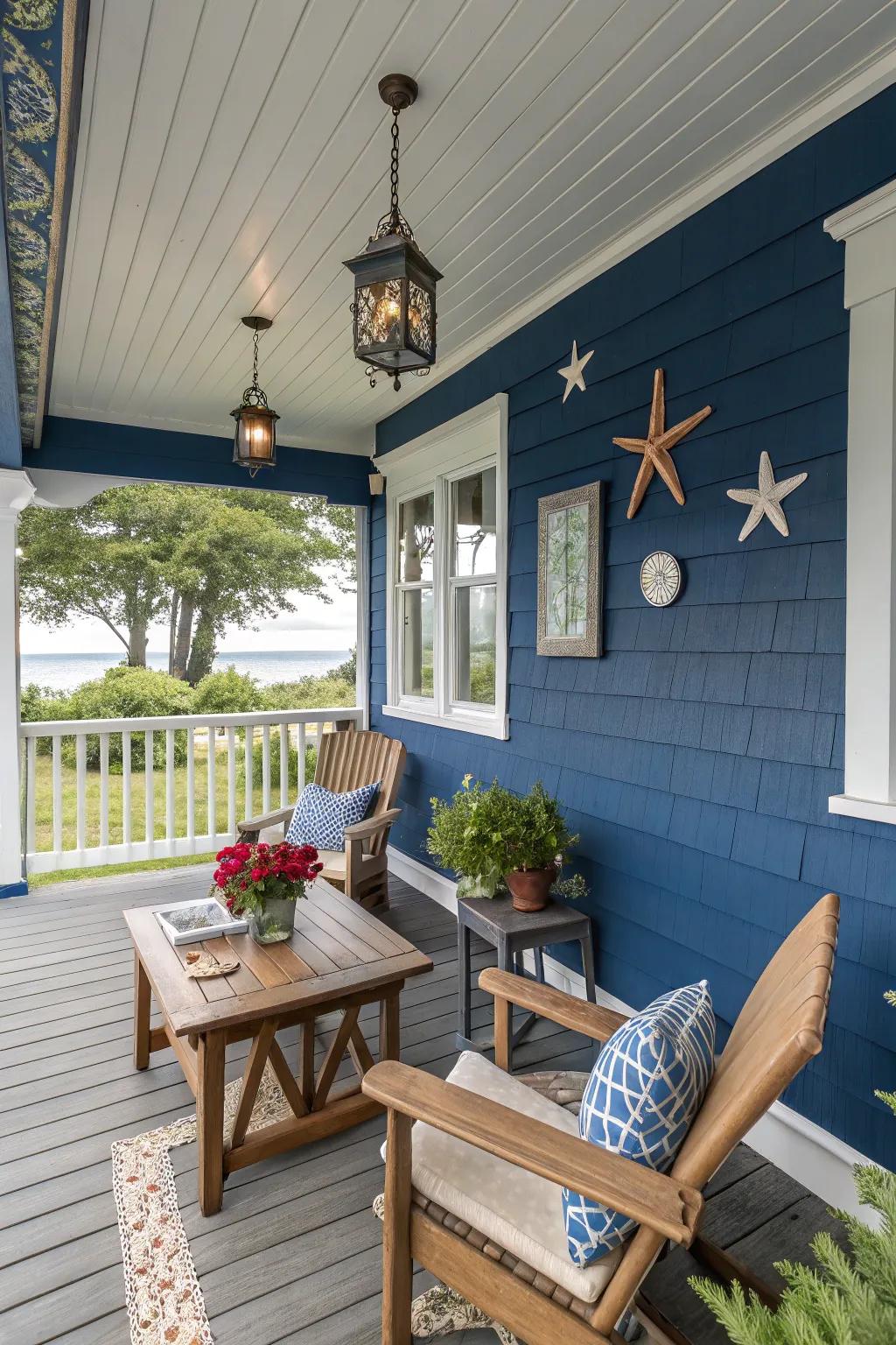 A soothing sapphire porch that encourages relaxation and a hint of coastal allure.