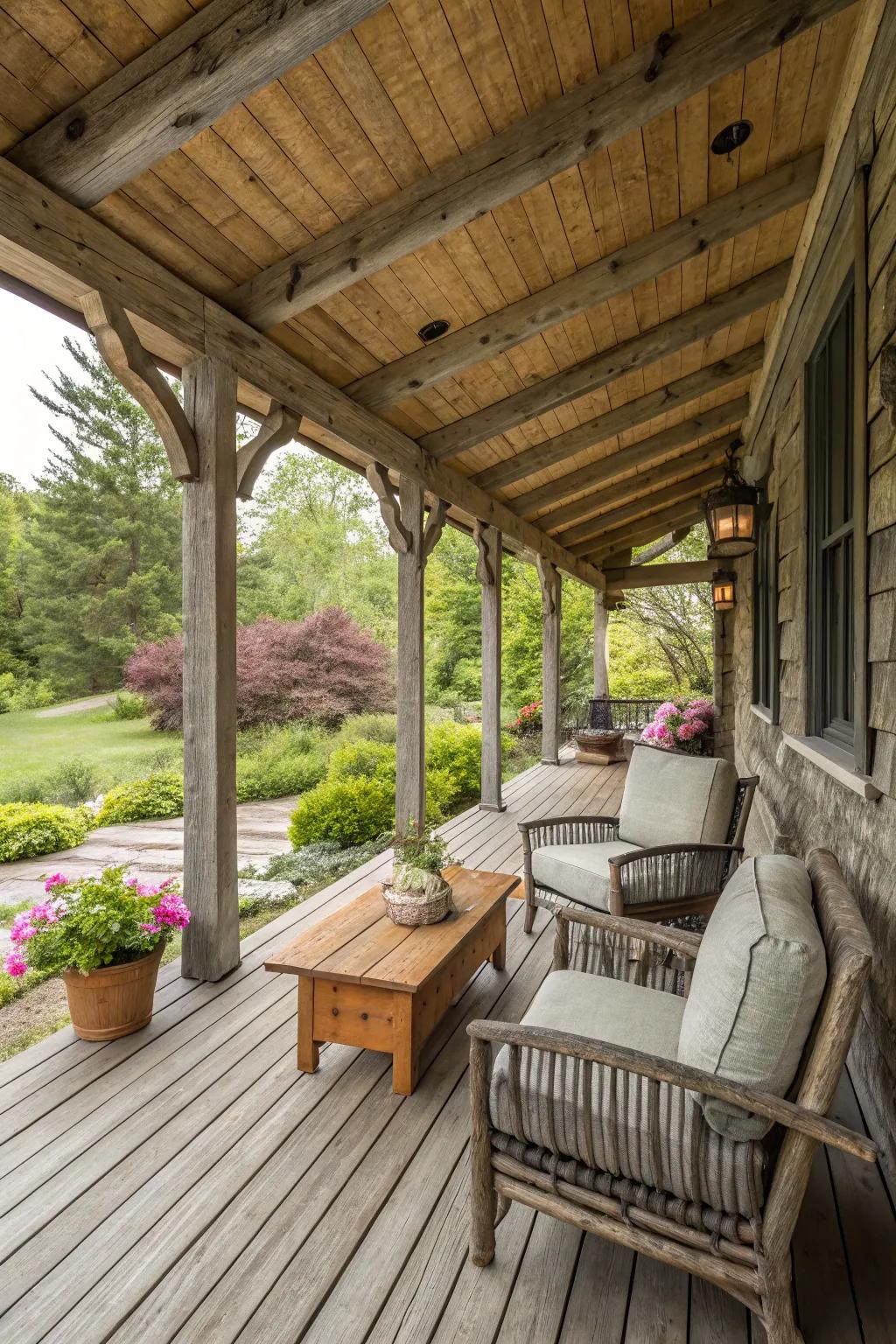 Connect with the outdoors through a wooden porch design.