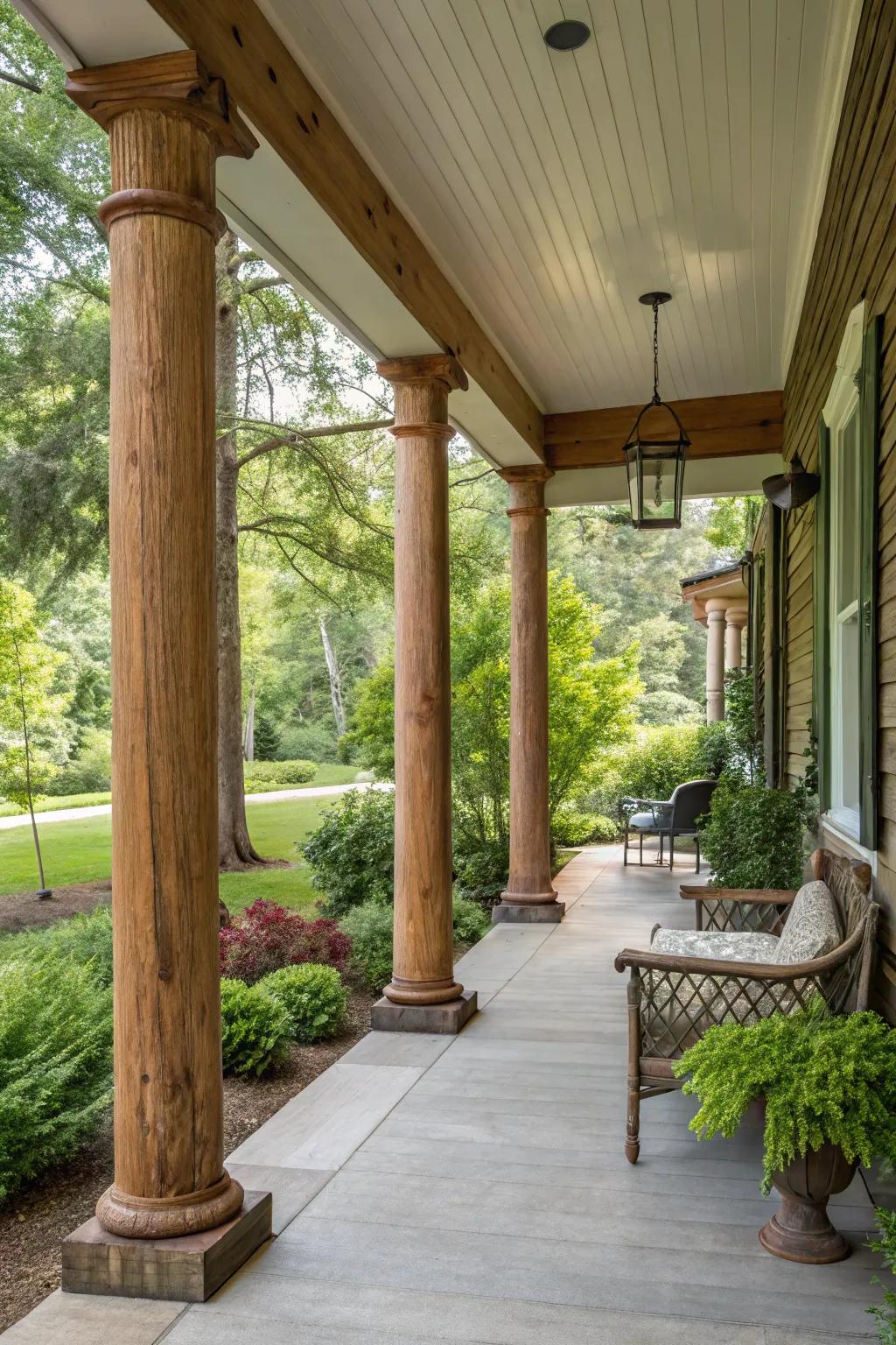 Country timber columns infuse a hint of nature into your porch.