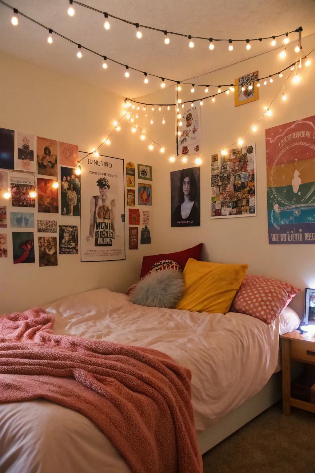 A serene bedroom where posters are softly lit by the glow of string lights.