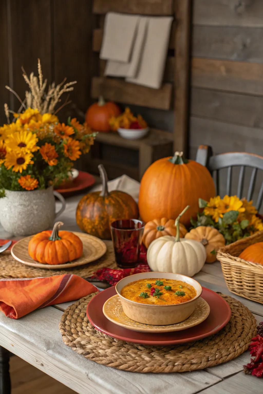 A dining table with rustic elements and decorations of gourds and pumpkins.