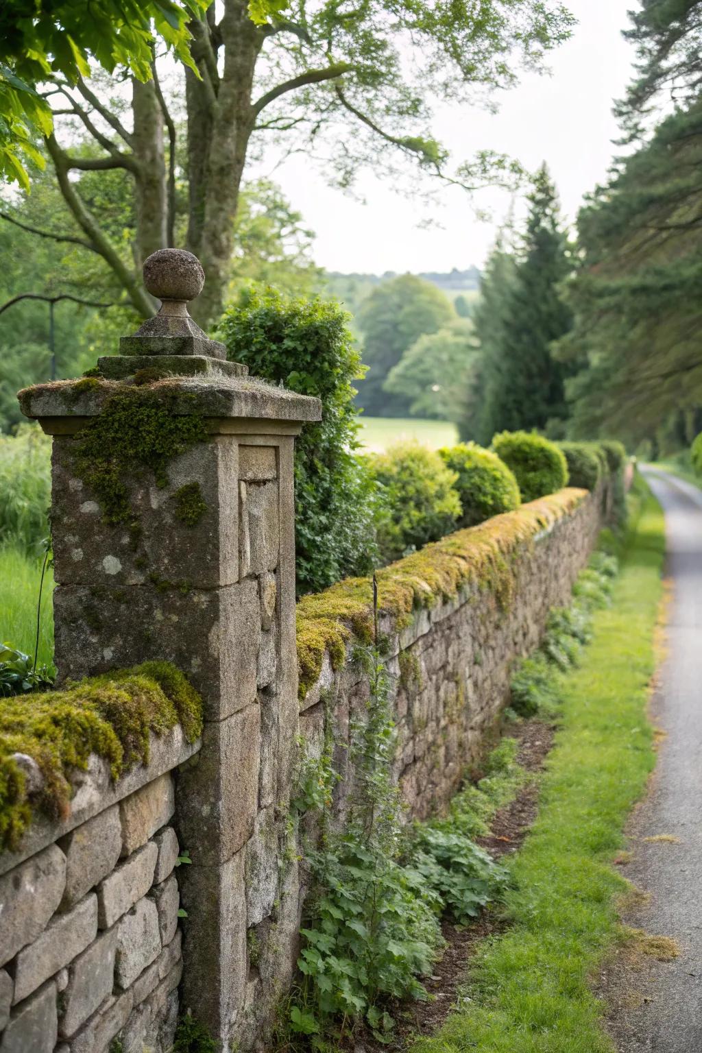 A robust stone wall contributes a classic impression to the edge of the property.