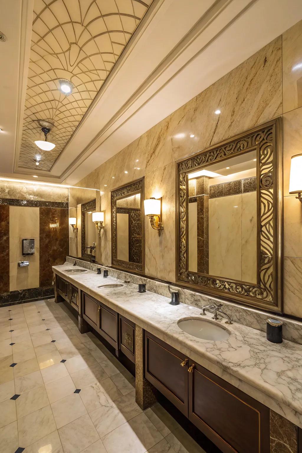 Deluxe surface treatments within a public restroom contribute a sophisticated flair.