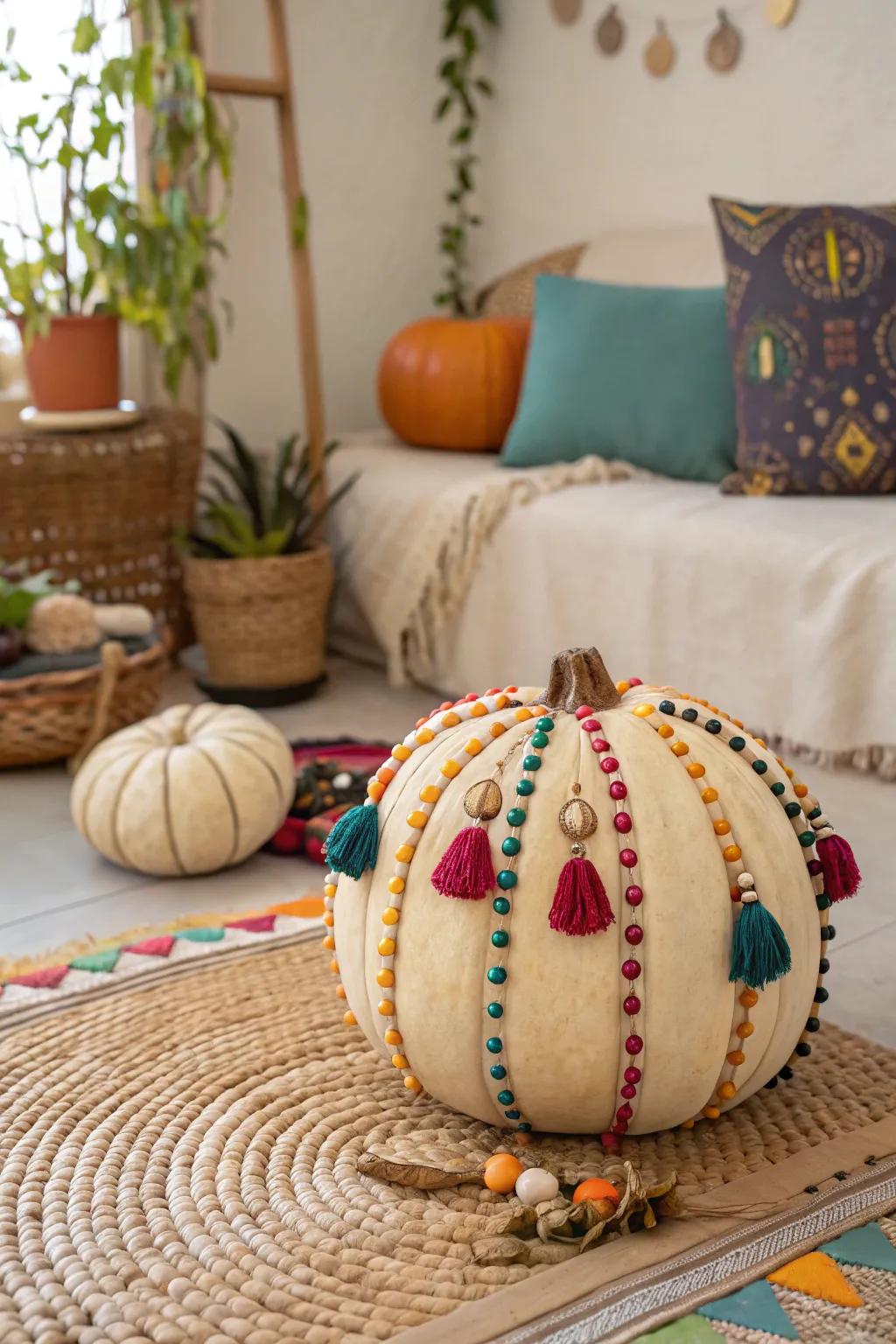 Eclectic gemstone pumpkins contribute a hint of charm.