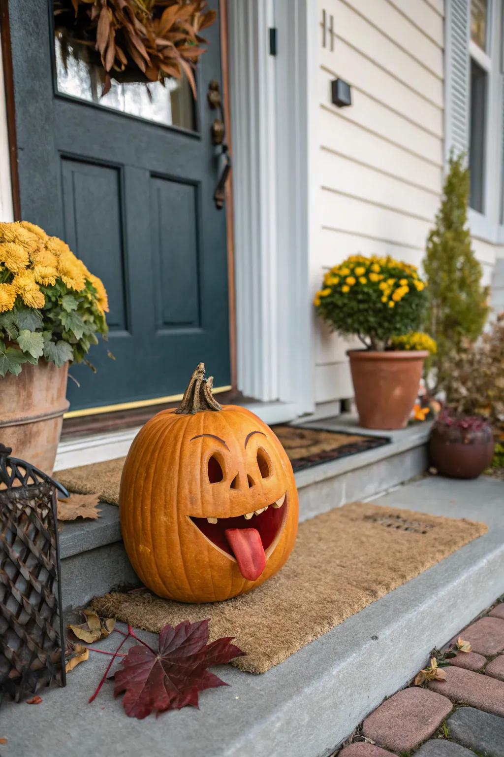 A playful pumpkin design that adds humor to your Halloween décor.