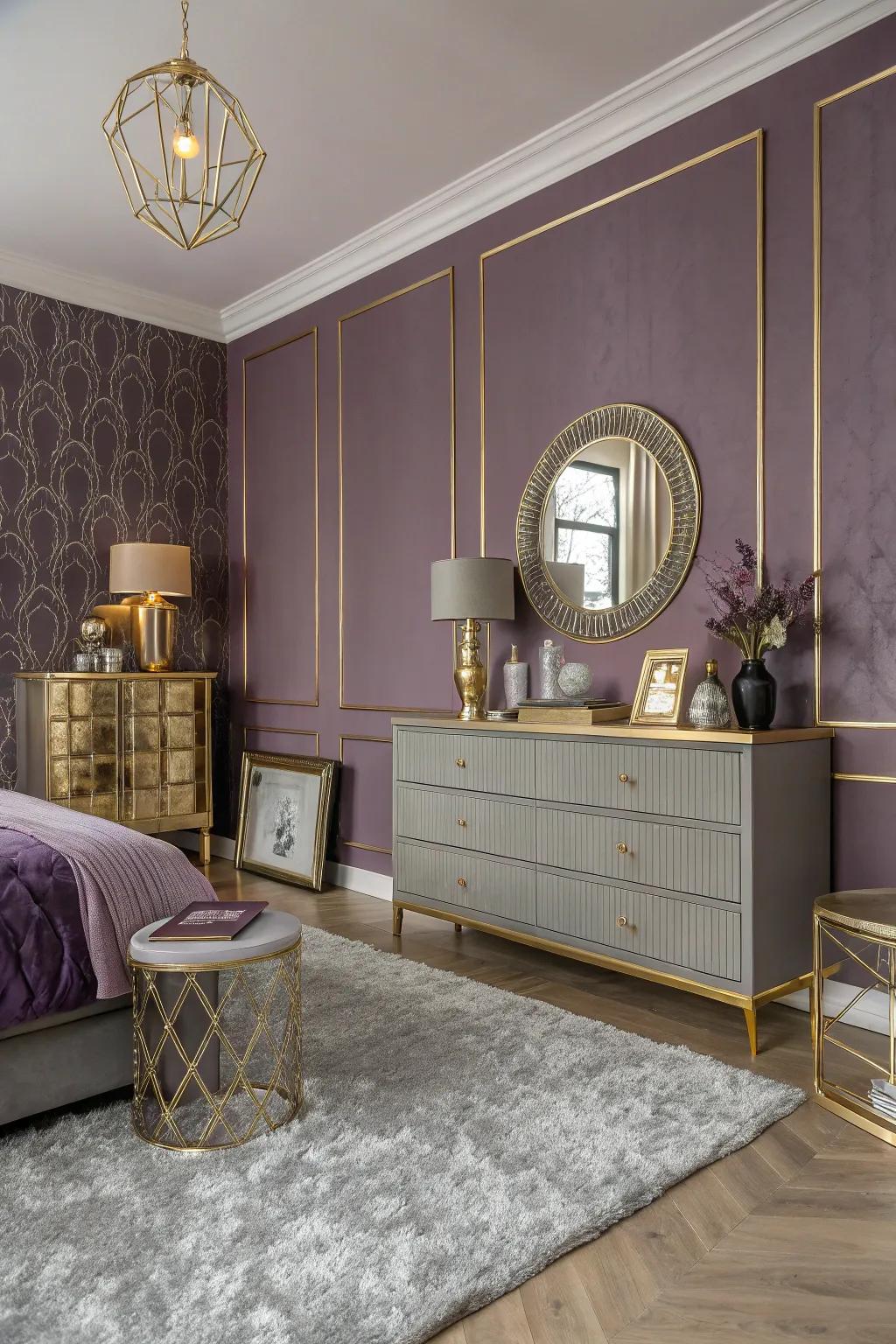 Purple walls balanced with accents of gold and gray.