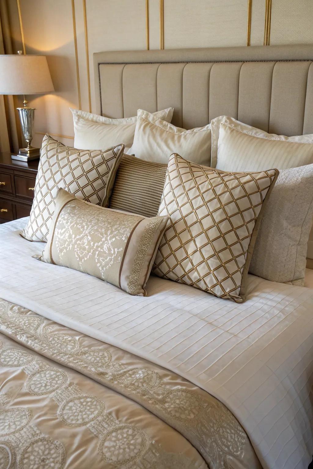 Pillows layered strategically bring depth and sophistication to a queen bed.