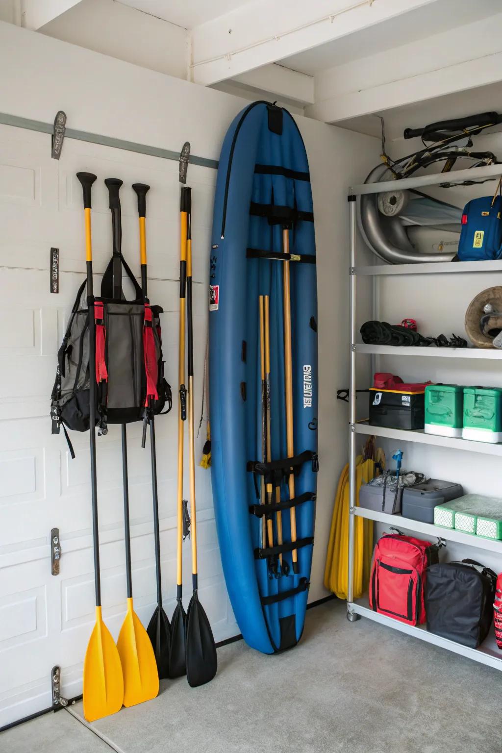 Vertical storage via wall supports allows for maximum space efficiency.