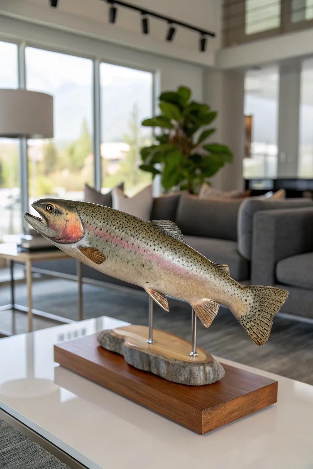 A polished wooden base elevates the presentation of a rainbow trout, highlighting its artistic appeal.