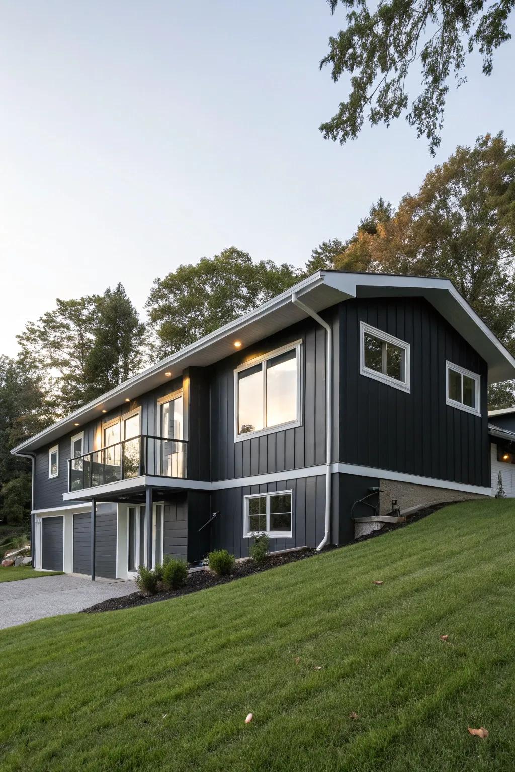 An up-to-date raised ranch exhibiting a captivating carbon and pristine exterior pigment arrangement.
