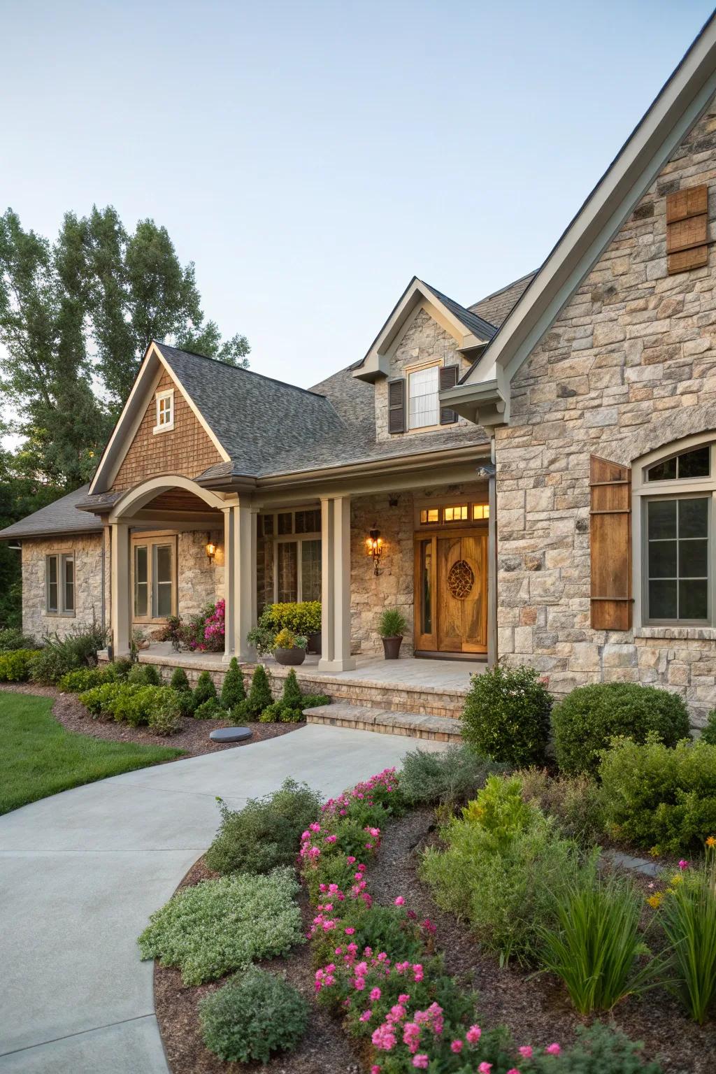 Stone veneer transforms this ranch-style home into a dignified manor.