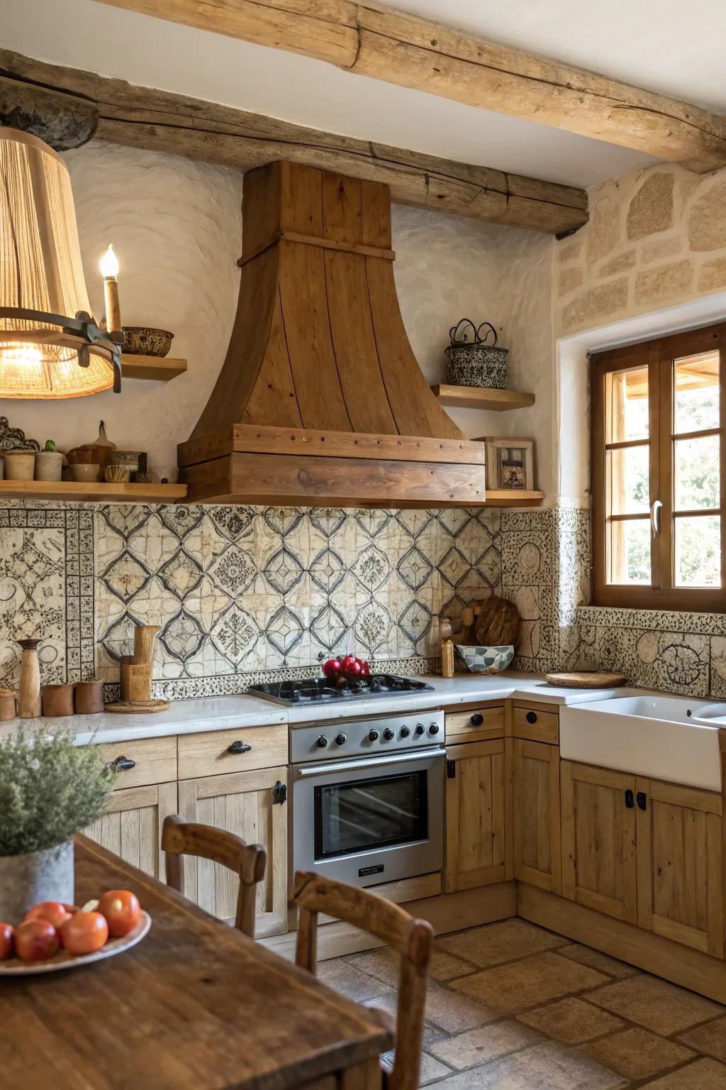 Country-style kitchen featuring a wood vent hood complemented by a charming stone backsplash, exuding warmth.