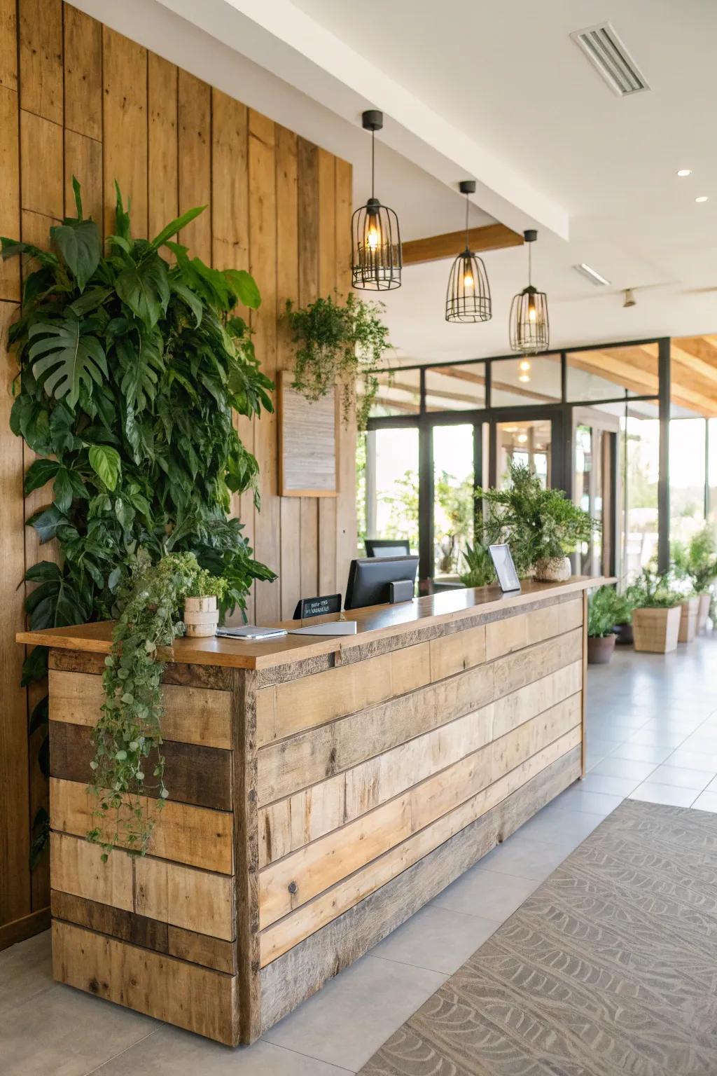 An inviting welcome desk enhanced with organic materials.