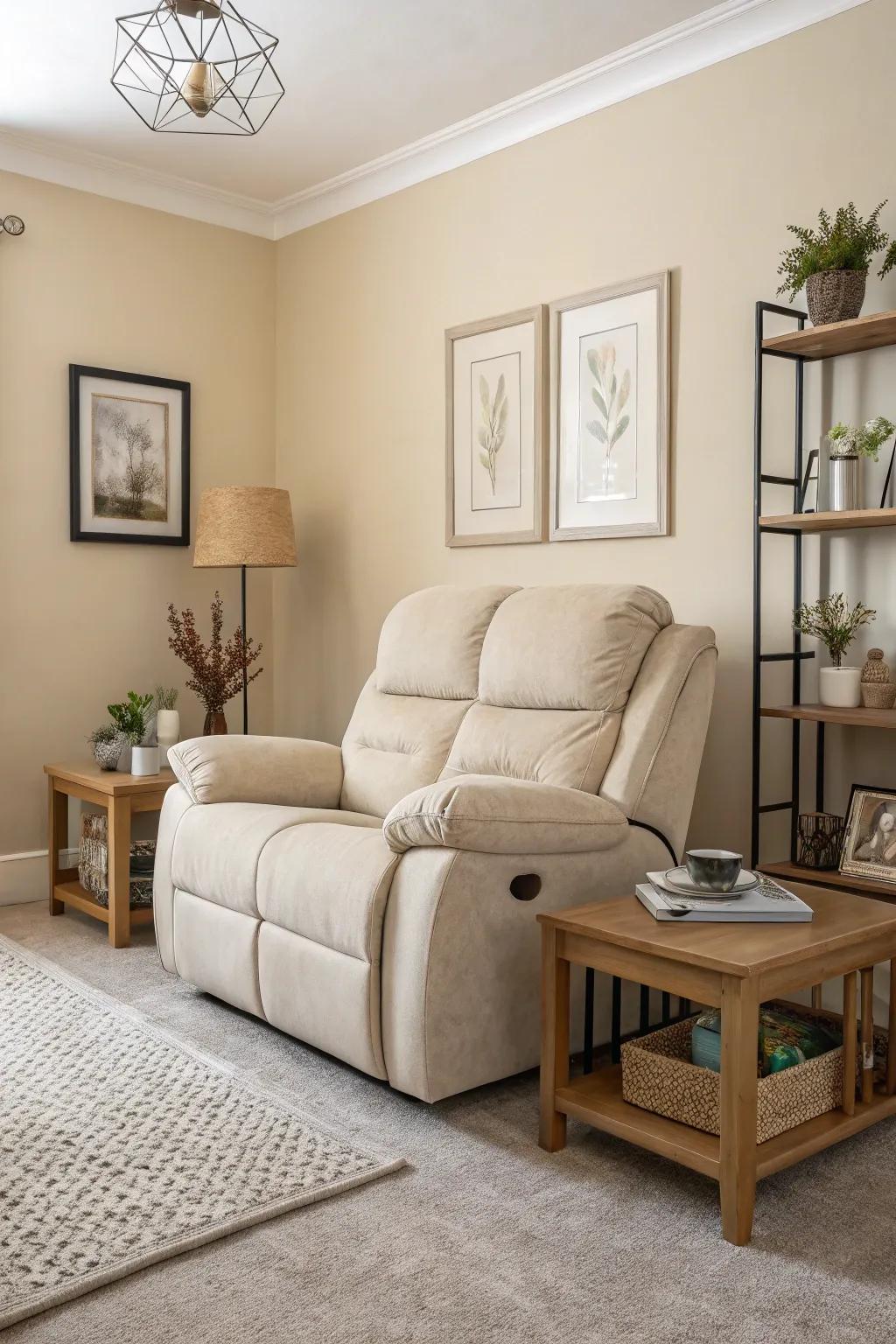 A serene family room featuring a reclining sofa in subdued colors that integrates smoothly with the interior decor.