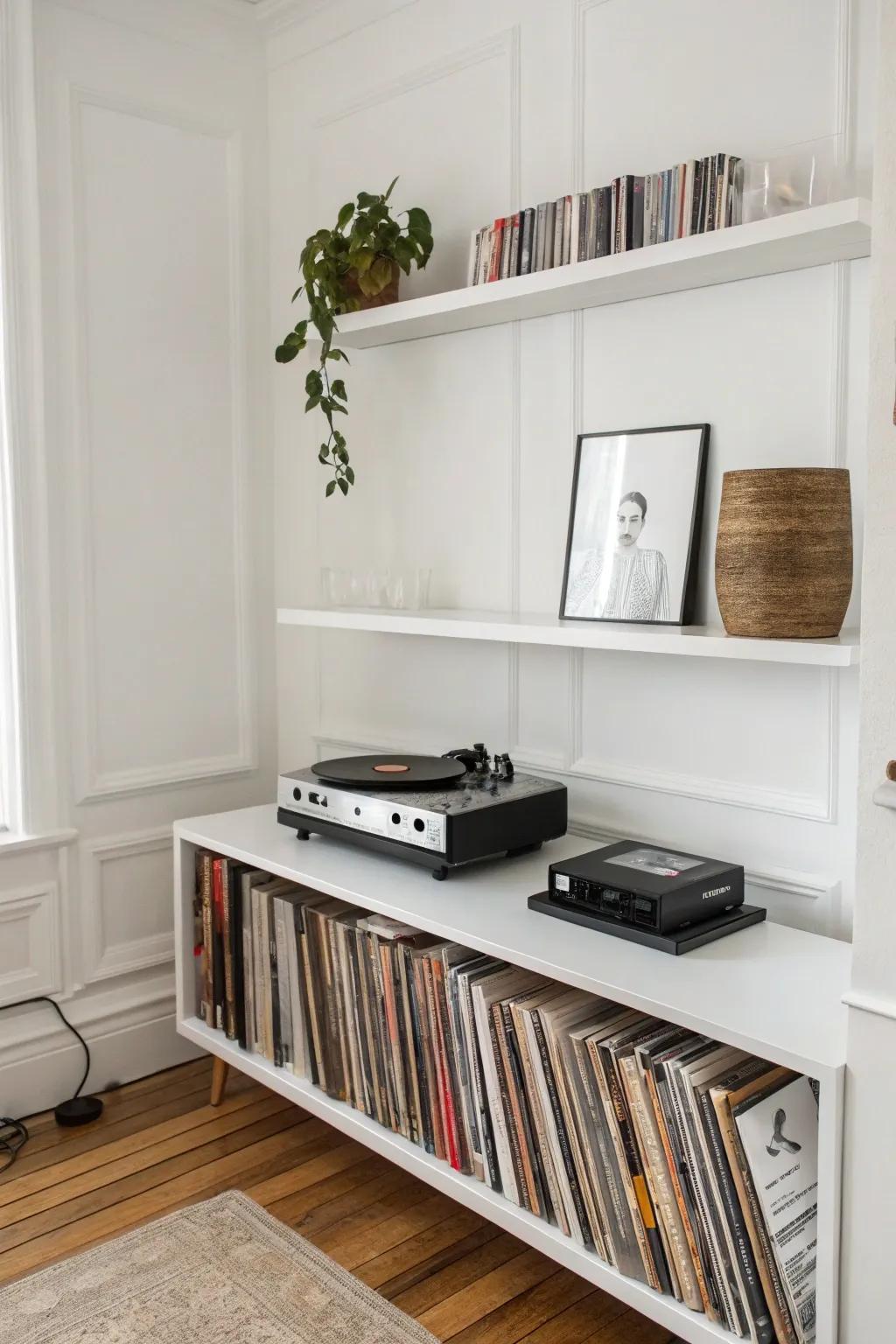 A minimalist floating shelf configuration for housing a record player.