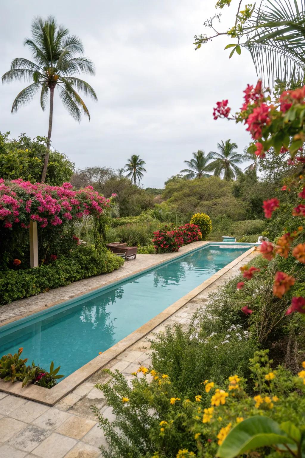 Lush greenery crafts a serene sanctuary around the pool.