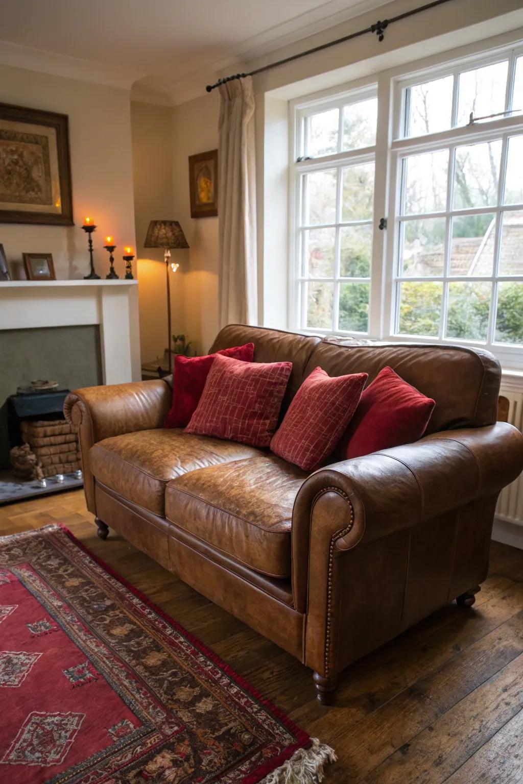 Brown furnishings matched with red details craft an inviting and comfortable setting.