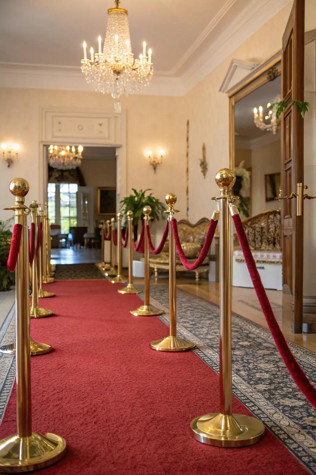 Gilded stanchions paired with velvet dividers contribute an element of opulence to any premiere entrance.