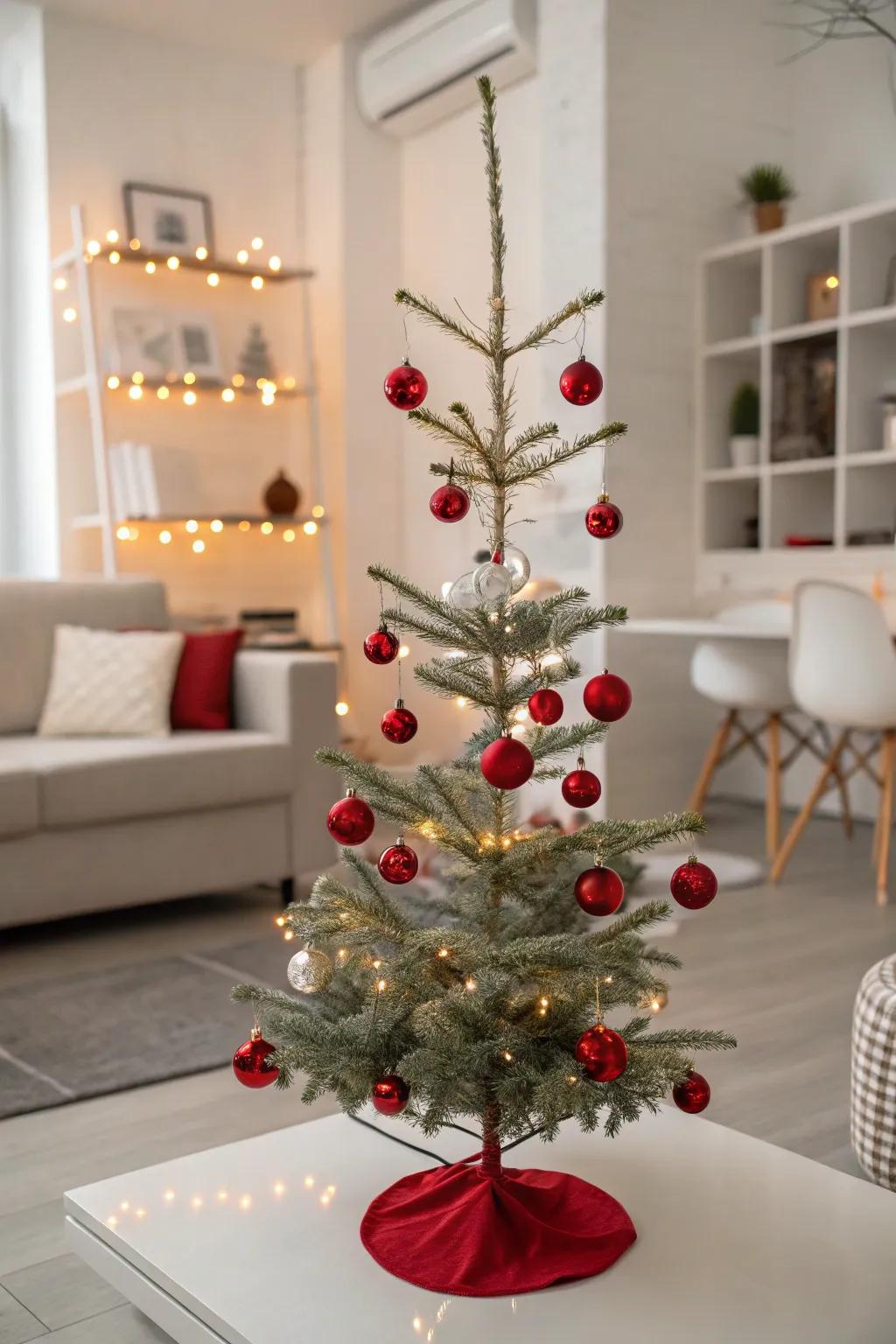 Minimalist scarlet-themed Christmas tree showcased within a contemporary space