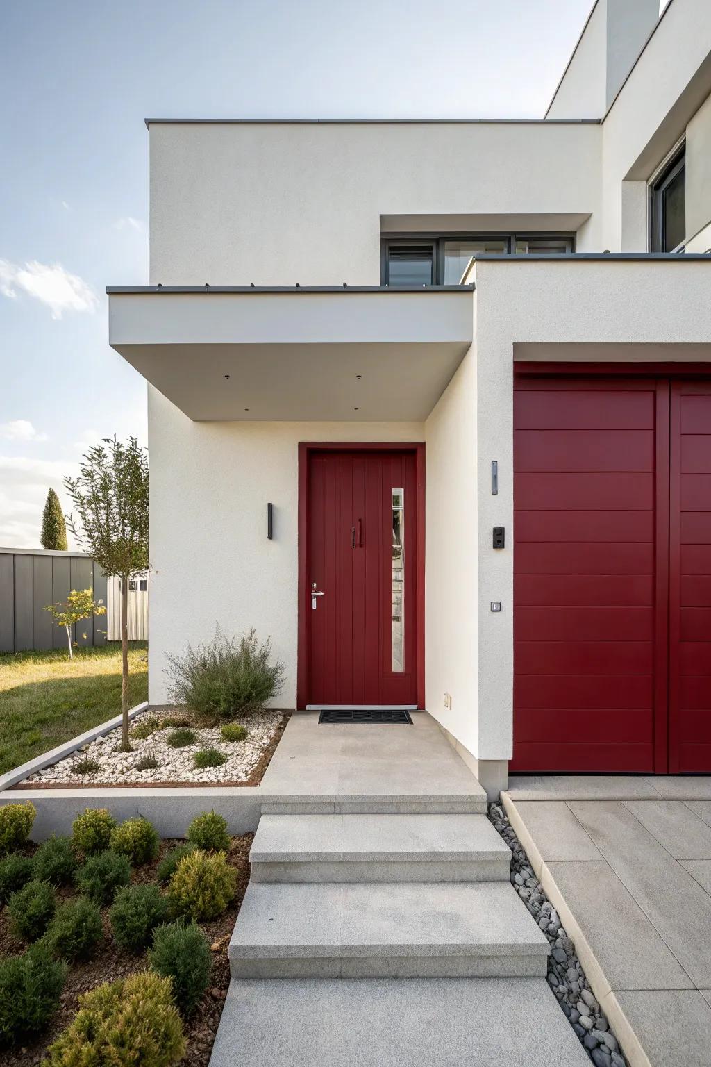 A contemporary home with a deep scarlet door, balancing warmth and minimalism.