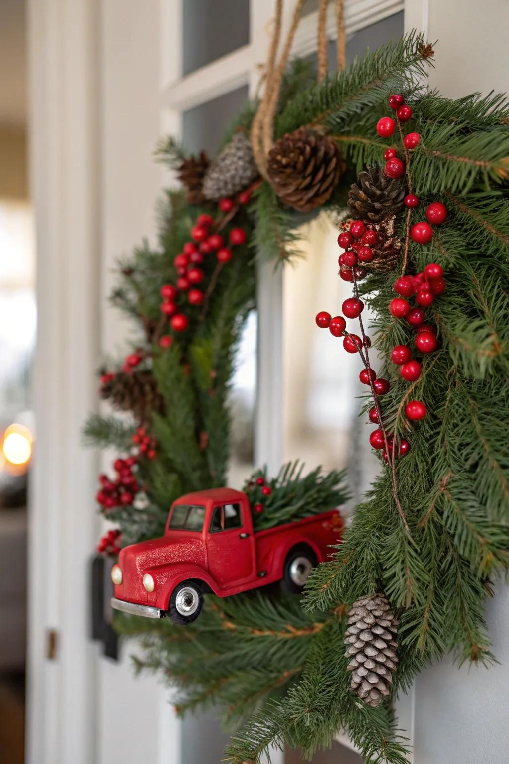 Appealing crimson pickup garland greeting guests at the entrance.