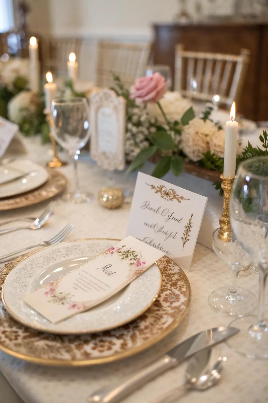 Name cards showcasing scripture selections infuse a personal element.