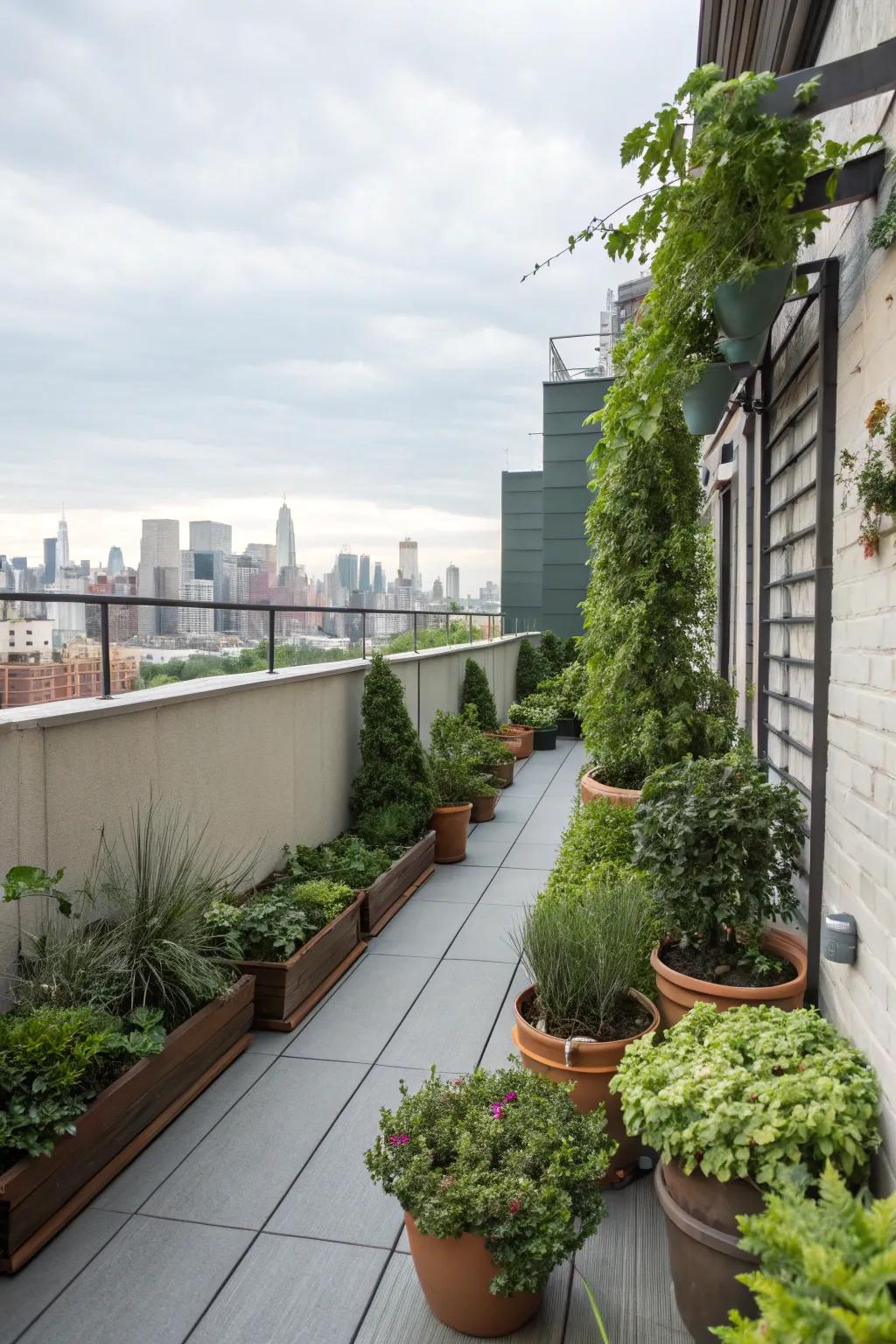 Bring the serenity of nature to your rooftop deck with a harmonious blend of potted plants and vertical gardens.