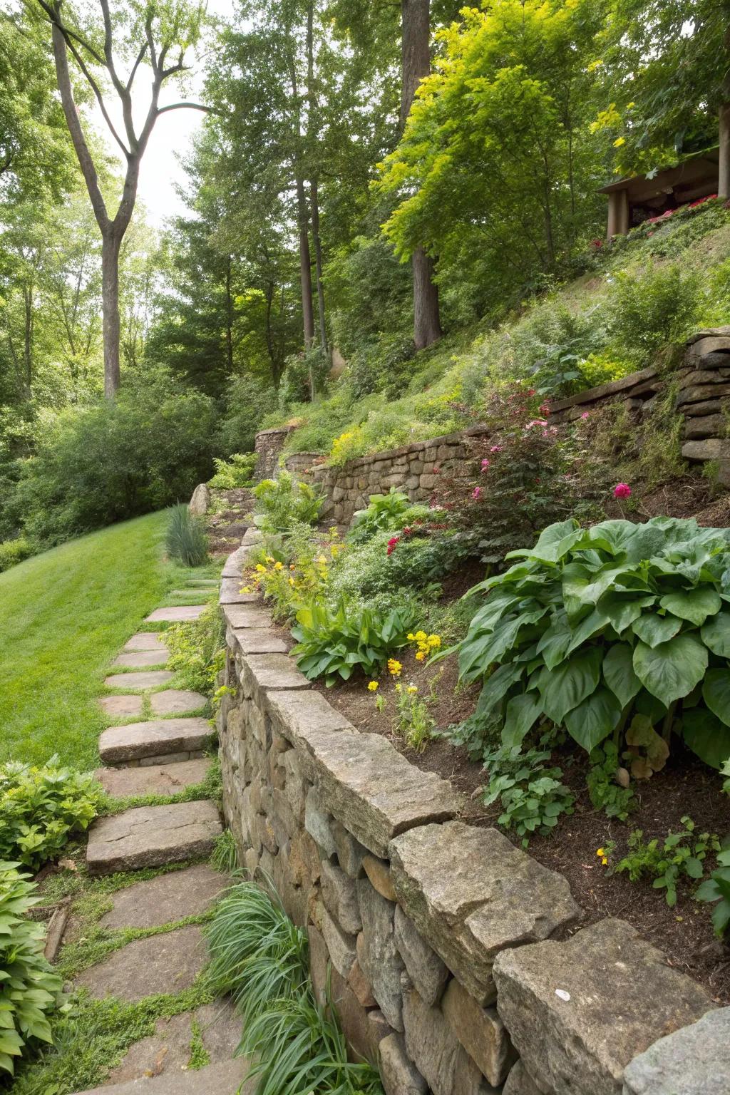 Any slope gains rustic charm and practicality from natural stone walls.