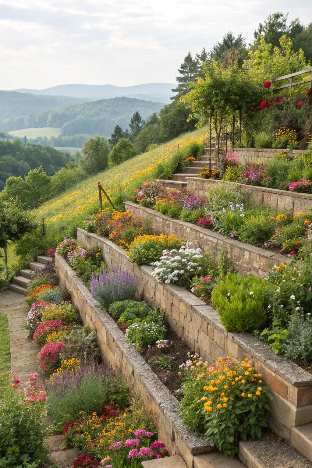 Tiered gardens reimagine slopes into magnificent, practical spaces.