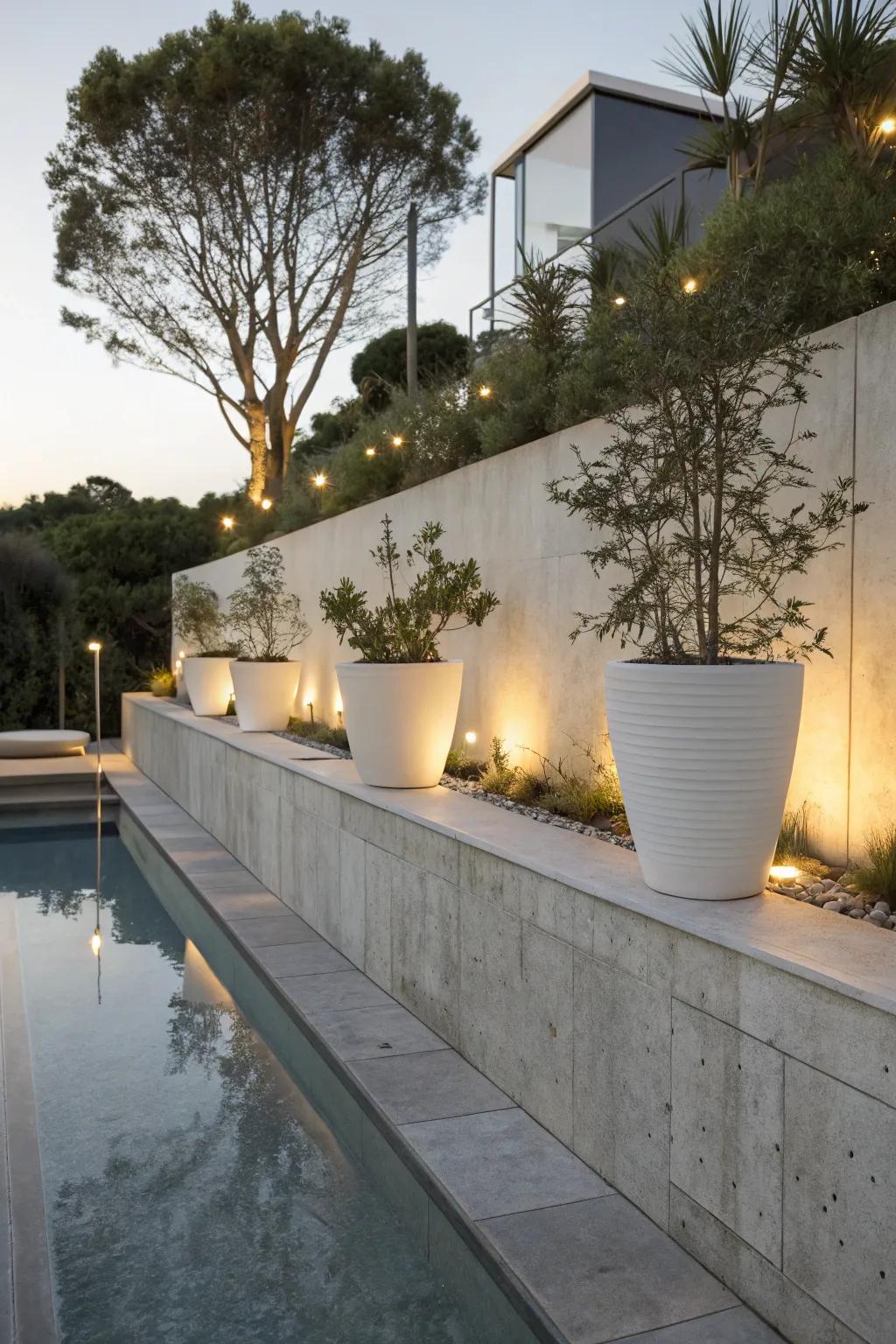 Contemporary concrete retaining wall enhanced by minimalist design elements.