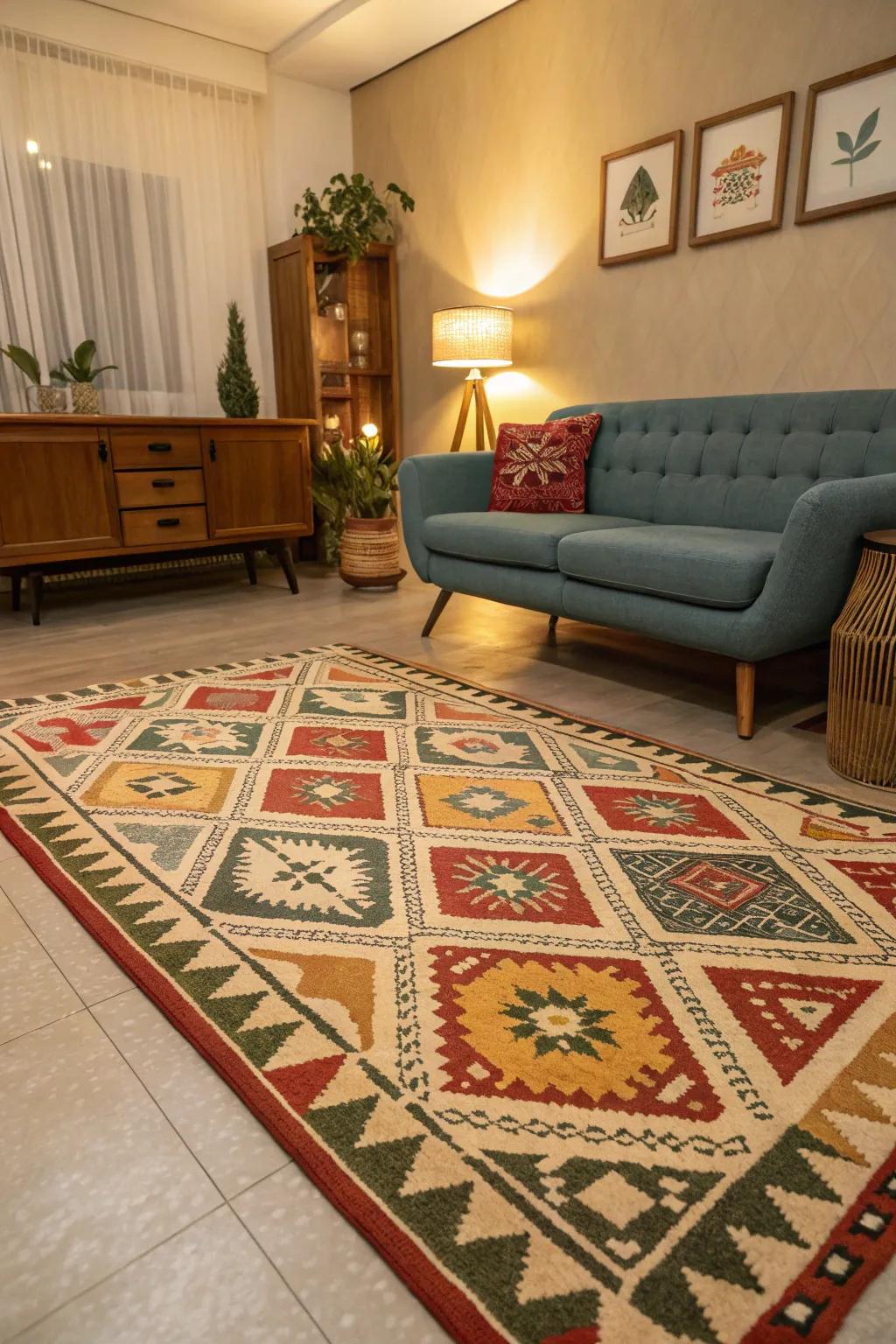 Bring in character with a geometric patterned rug.