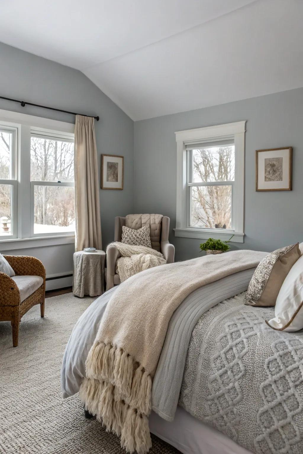 Comforting textiles introduce warmth and dimension to a Willow Gray bedroom.