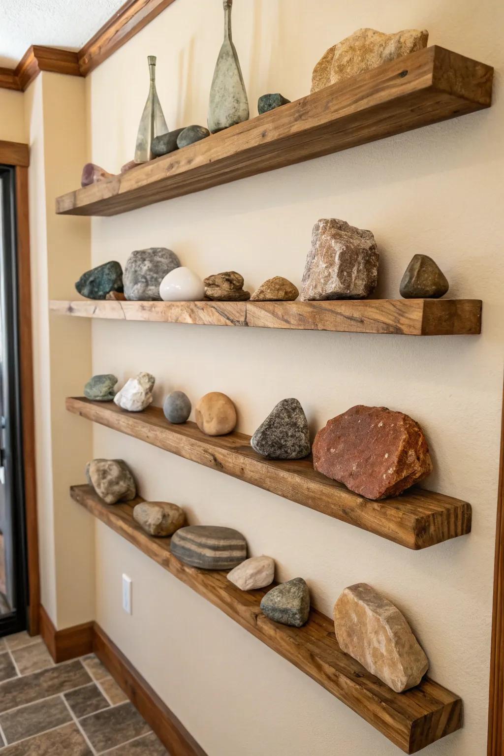 Wooden shelves elegantly showcasing a rock collection
