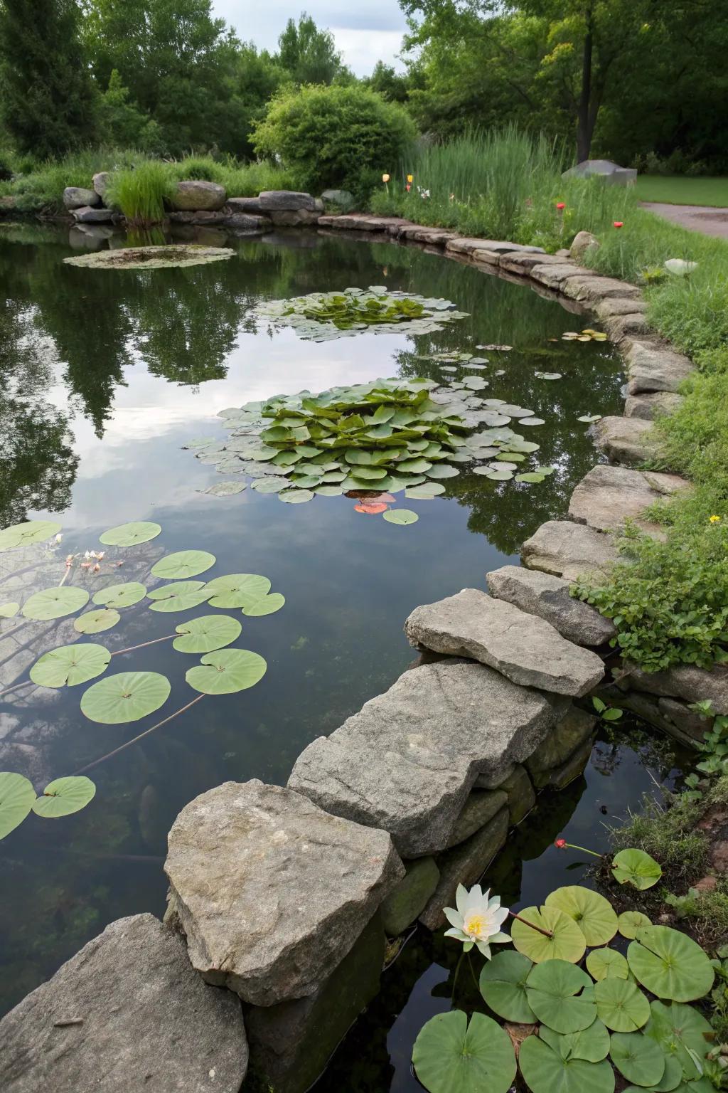 A serene stone-lined pond featuring lily pads and gentle undulations.