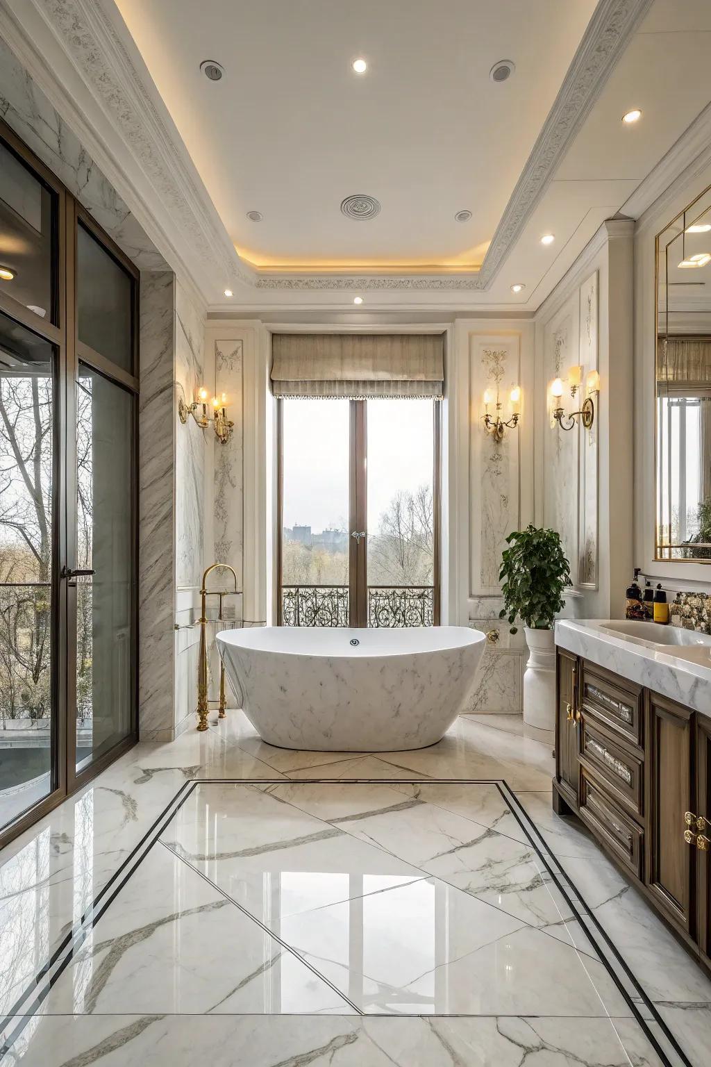Stone finish delivers refined elegance to this Roman-themed bathroom.