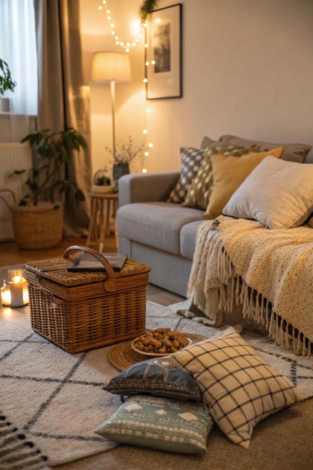 An indoor picnic provides a relaxed yet amorous atmosphere.