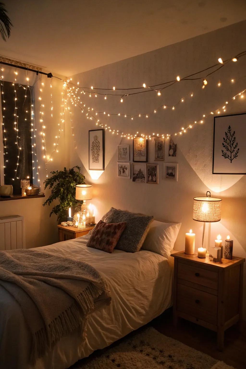 Gentle illumination from candles and lamps enriches the romantic atmosphere.