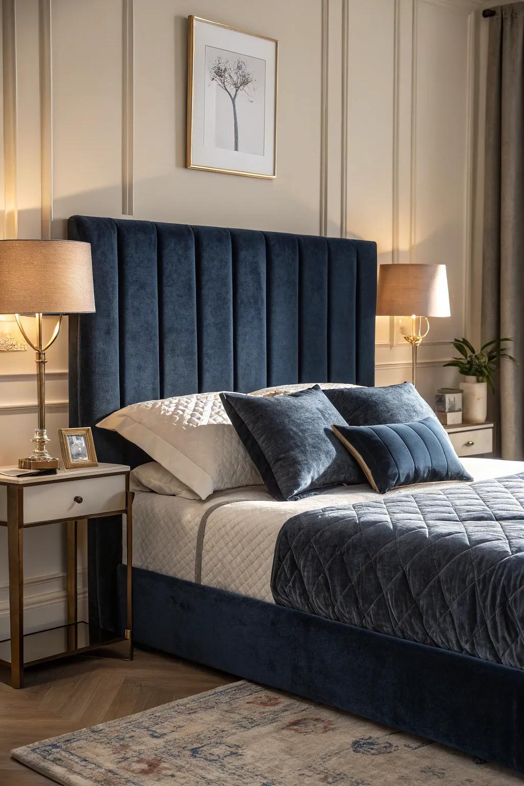 Velvet embellishments inject sumptuous opulence into your deep indigo sleeping quarters.
