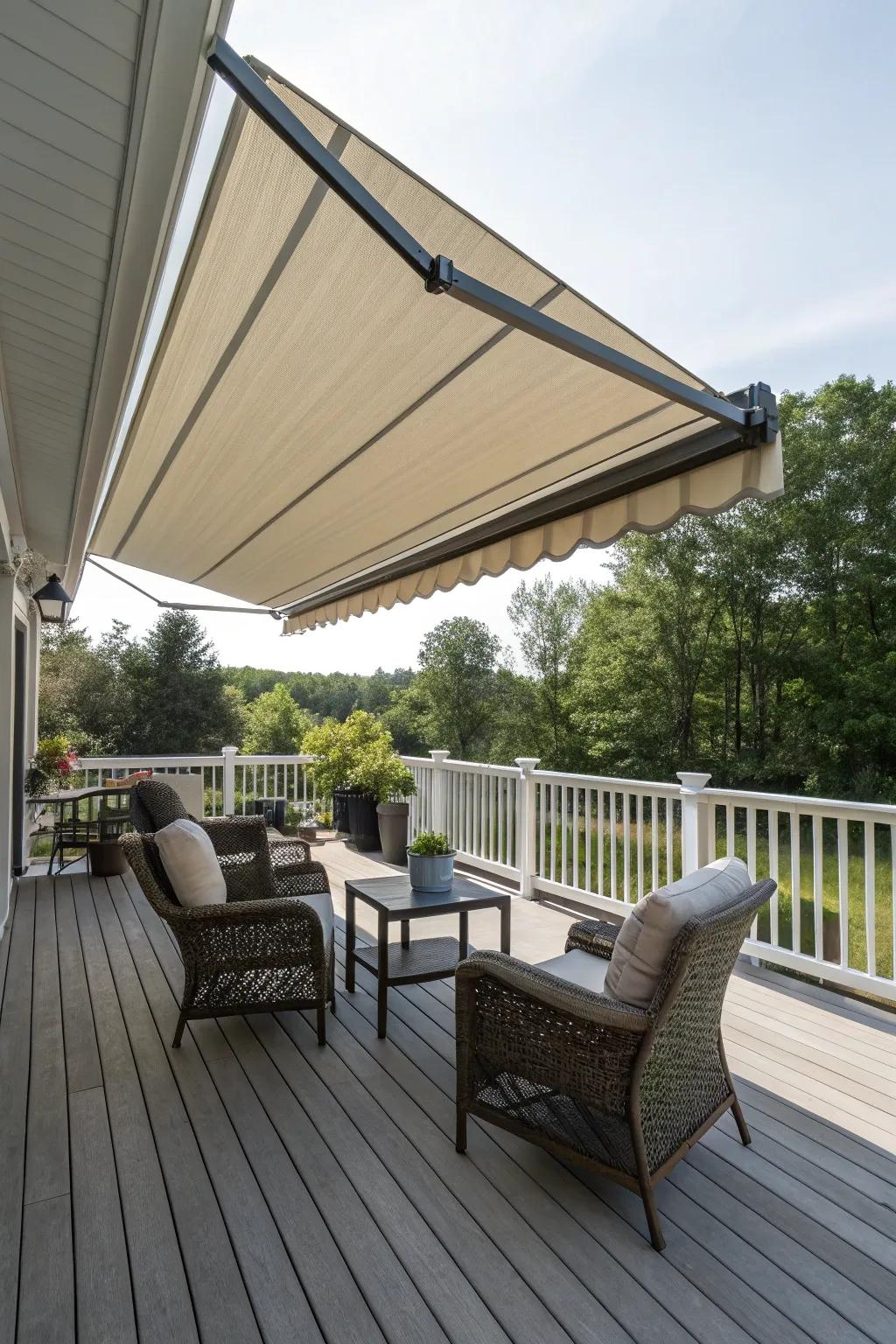 A retractable awning provides adaptable protection and style.