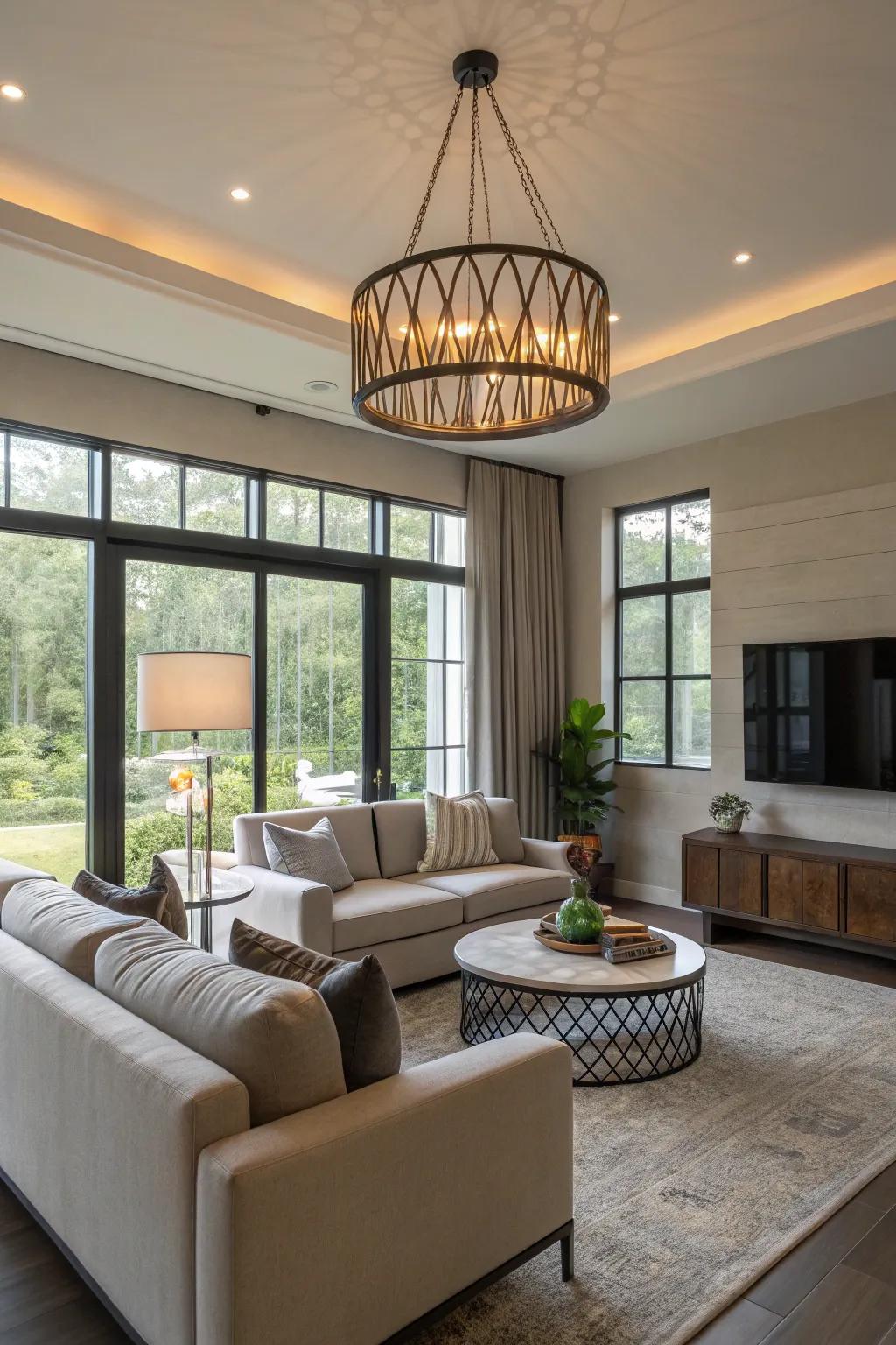 An inviting contemporary living space accentuated by sophisticated illumination.
