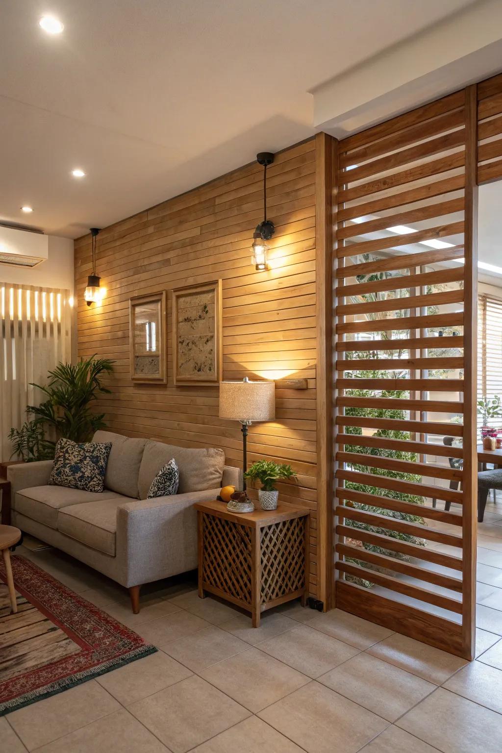 A welcoming living area highlighted by a wooden louvered partition, allowing sunlight to permeate.