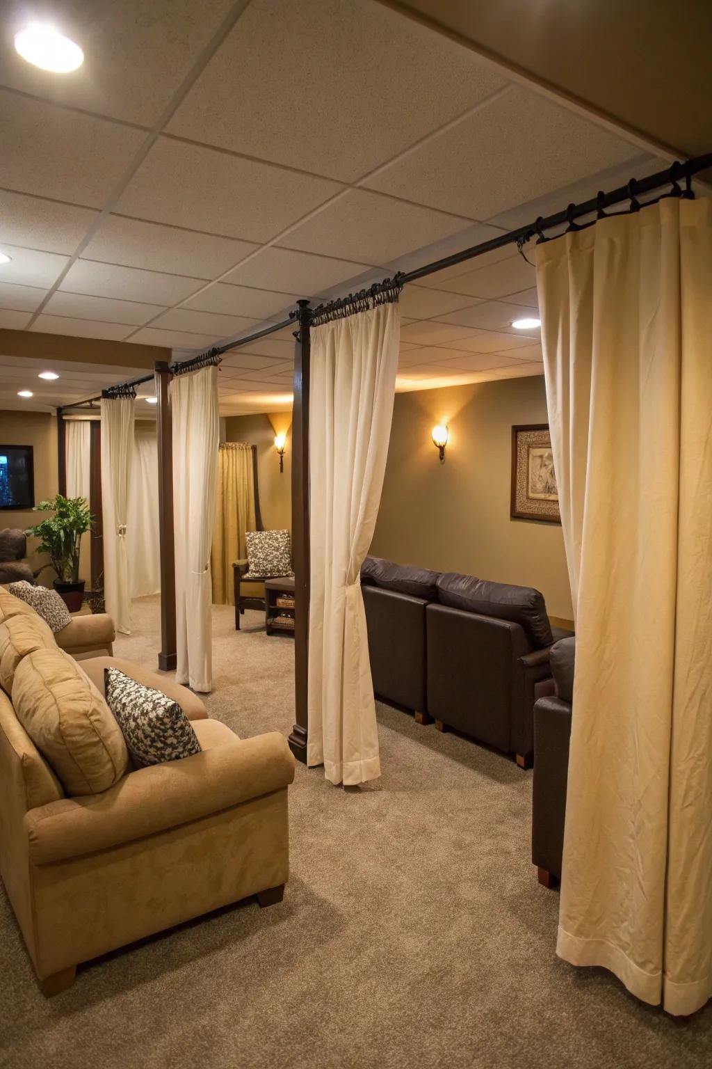 Drapes are a chic and flexible means of partitioning basement spaces.