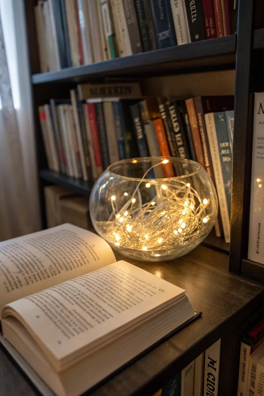 Miniature lights nestled in a glass bowl impart a captivating gleam to any setting.