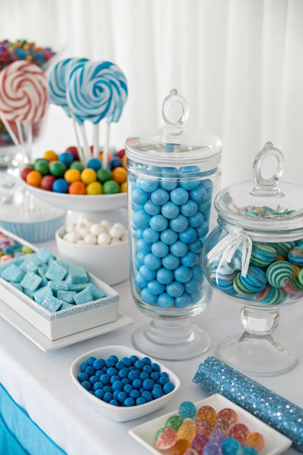 A varied assortment of blue candies that provides both color and texture to the table.