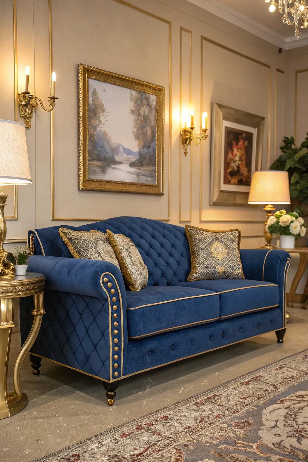Gilded touches bestow a sense of opulence upon the sapphire settee, accentuating the room's elegance.