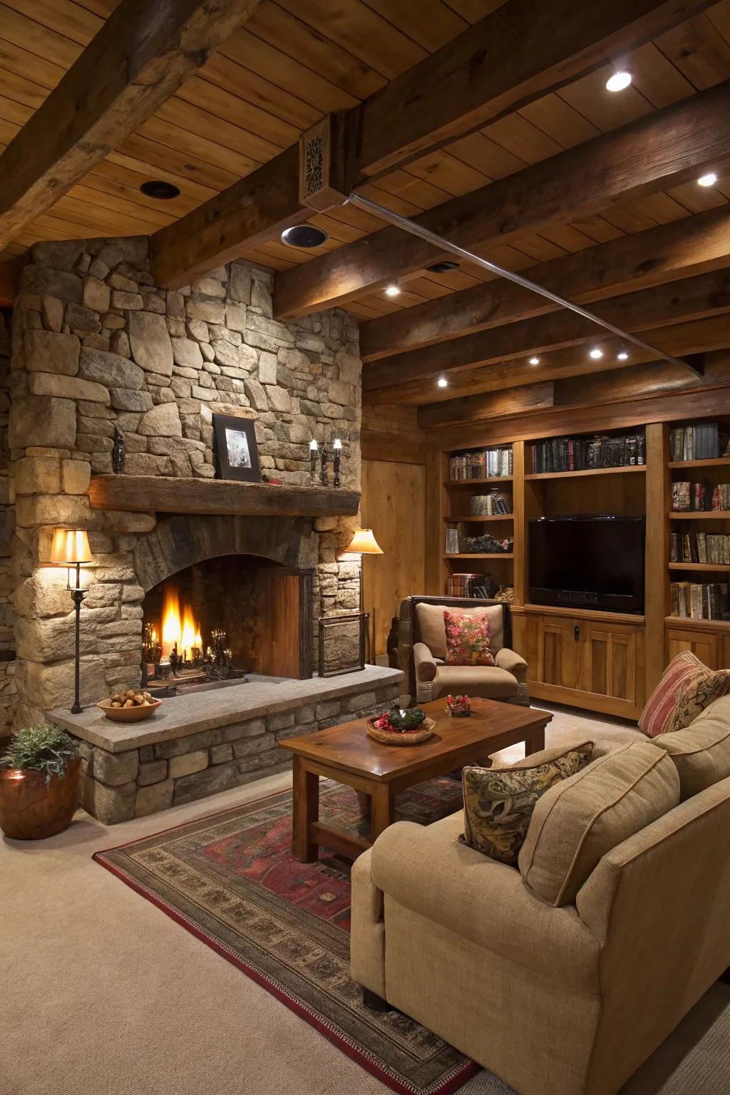 A stone hearth brings a snug heart to a homespun basement.