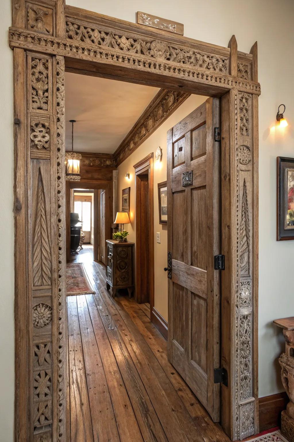 A countryside door border fashioned from salvaged timber, emanating vintage allure.