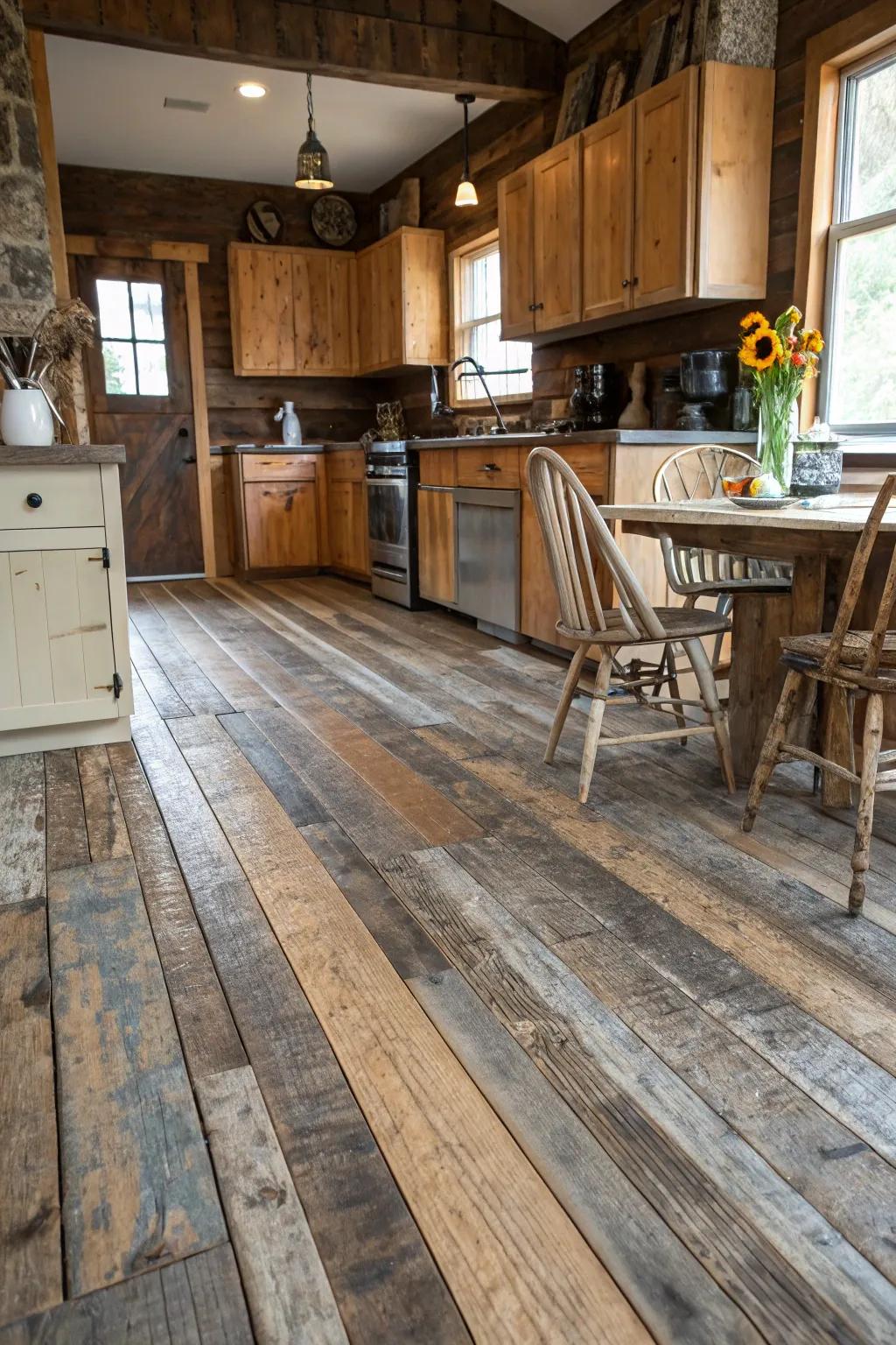 Repurposed wood flooring imbues character and history.